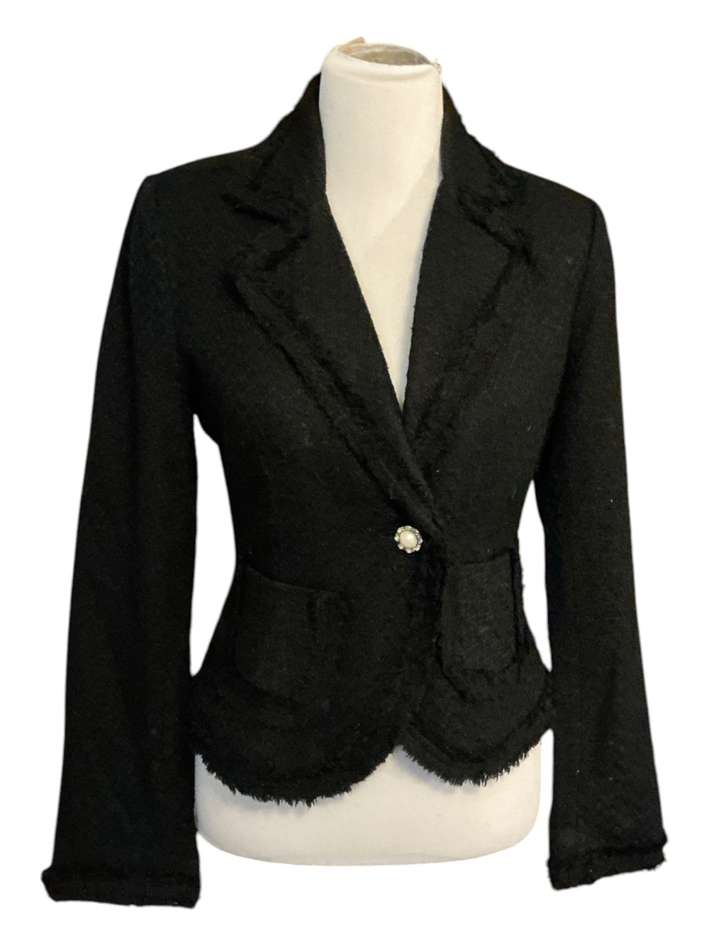 Body Central Black Tweed Bouclé Frayed Blazer Jacke